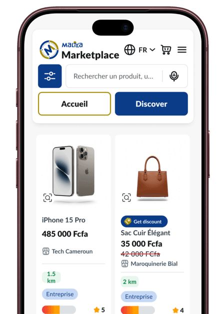 The Maliya app showing products from verified merchants, surrounded by product cards and customer ratings.