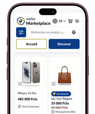 The Maliya app showing products from verified merchants, surrounded by product cards and customer ratings.